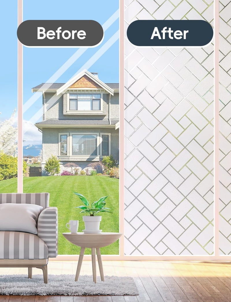 XHCN Frosted Glass Window Film Sun Blocking Window Tinting Film for Home, Static Clings Removable Frosting Bathroom Door Window Covering, 23.6 inch x 78.74 inch, White-Grid - Image 4